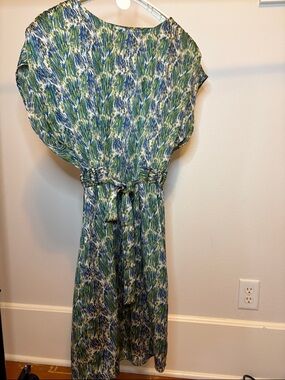 Coldwater Creek Blue & Green Print Belted Midi Dress